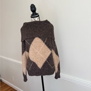 ZARA Brown and Tan Argyle Off-Shoulder Sweater